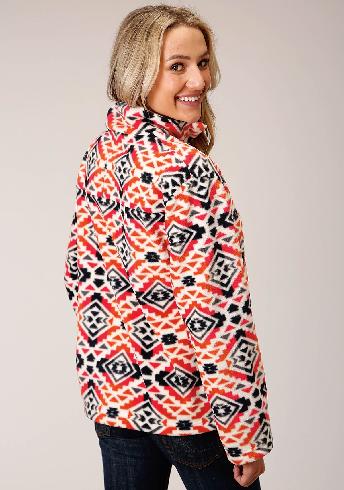 Womens Grey Orange Pink Print Fleece Pullover
