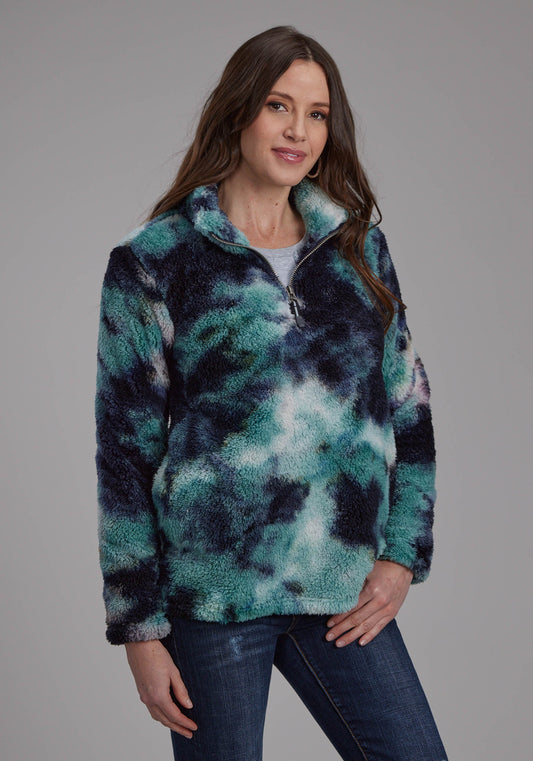 Womens Blue Tie Dye Polar Fleece Zipper Jacket