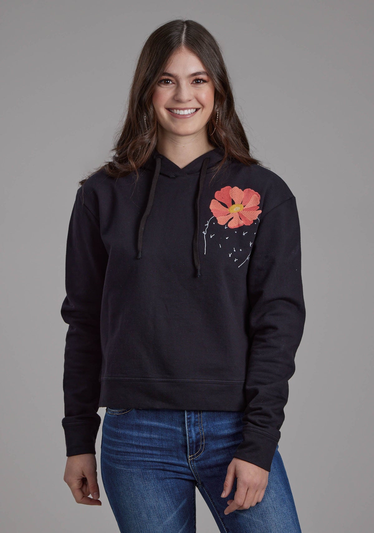 Womens Black Cotton Fleece Hoodie Pullover Jacket