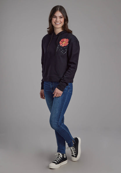 Womens Black Cotton Fleece Hoodie Pullover Jacket