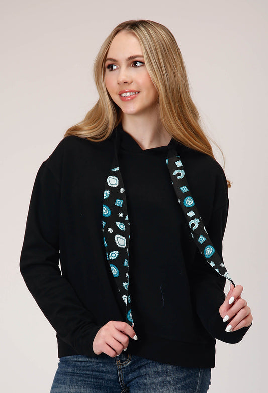 Womens Cotton Fleece Slouchy Pullover Hoodie With Contrast Fabric Bandana H