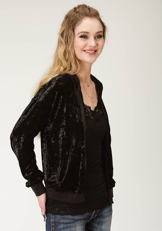 Womens Solid Black Crushed Velvet Bomber Jacket