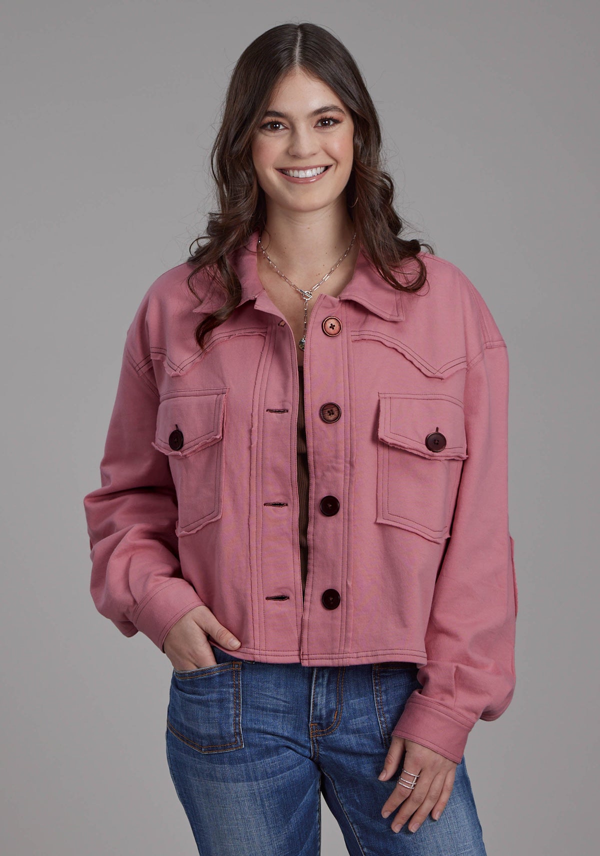 Womens Dusty Pink Fleece Cropped Button Jacket