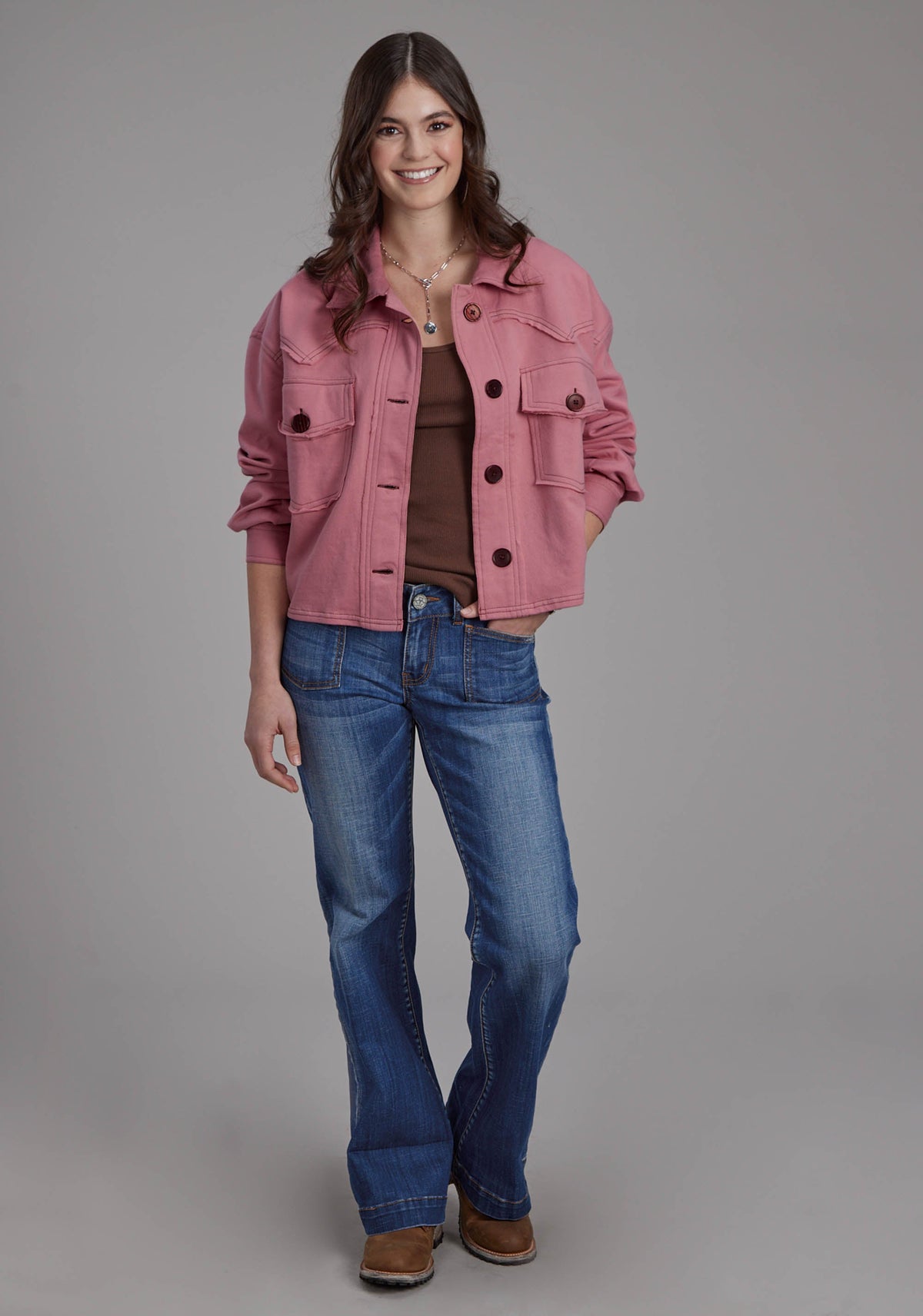 Womens Dusty Pink Fleece Cropped Button Jacket