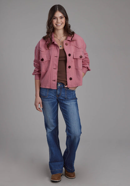 Womens Dusty Pink Fleece Cropped Button Jacket