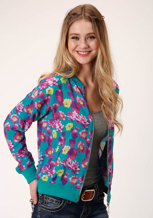 Womens Turquoise Pink And Yellow Floral Print Zip Front Jacket