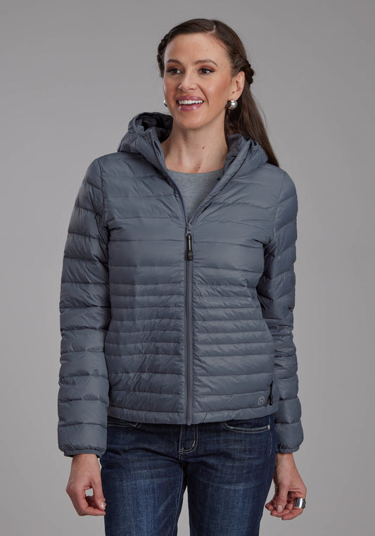 Womens Silver Blue Down Proof Coated Zipper Jacket
