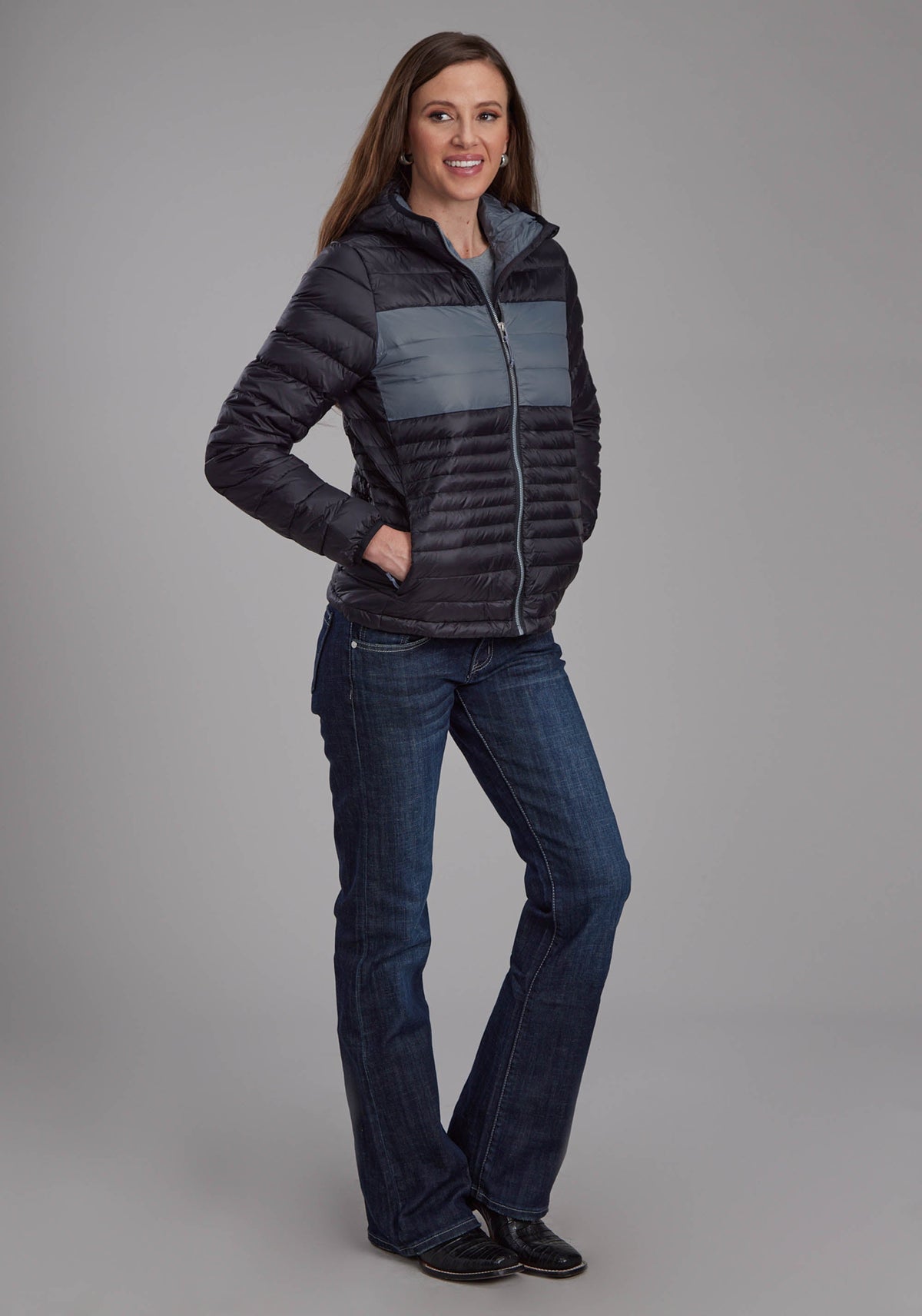 Womens Black Nylon Hooded Down Zipper Jacket