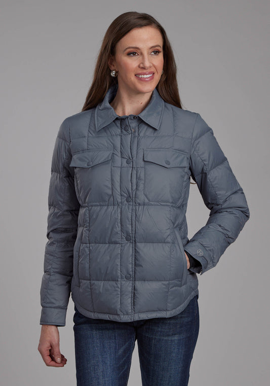 Womens Silver Blue Nylon Shirt Snap Jacket