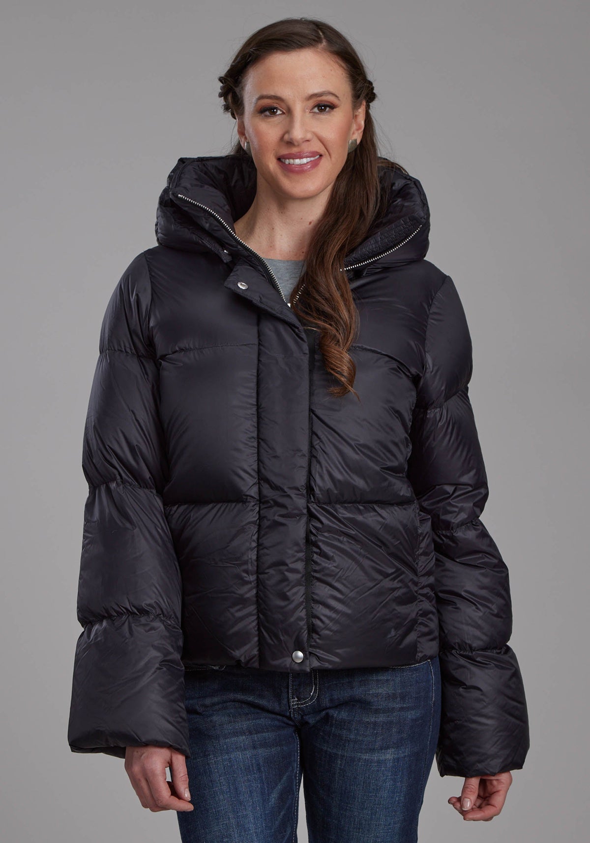Womens Black Nylon Down Puffer Coat Zipper Jacket