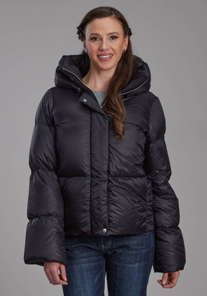 Womens Black Nylon Down Puffer Coat Zipper Jacket