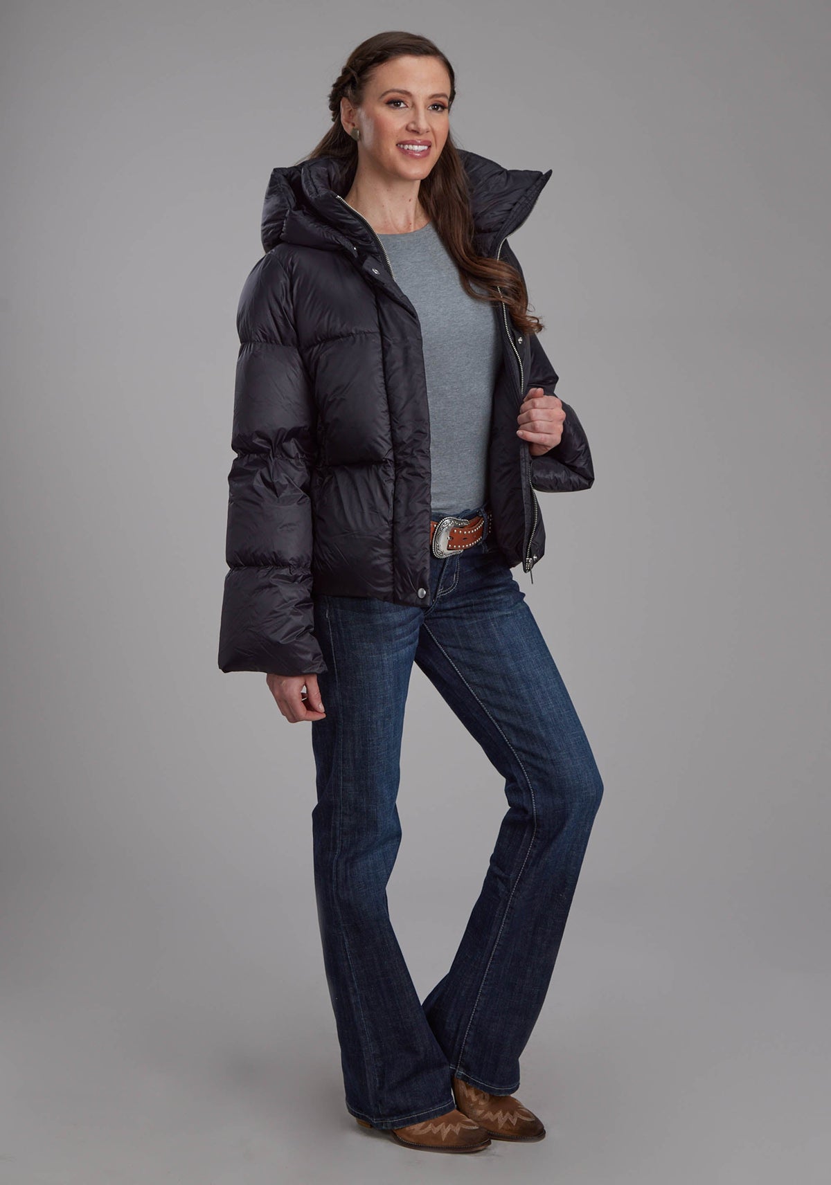 Womens Black Nylon Down Puffer Coat Zipper Jacket