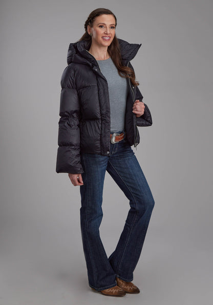 Womens Black Nylon Down Puffer Coat Zipper Jacket