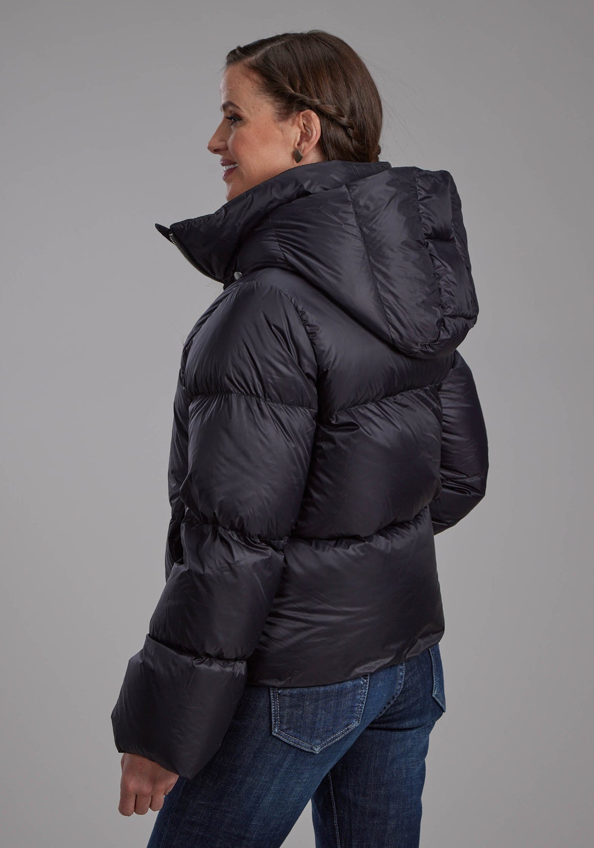 Womens Black Nylon Down Puffer Coat Zipper Jacket