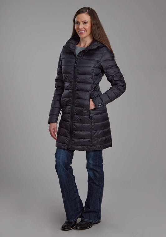 Womens Black Nylon Down Proof Long Coat Zipper Jacket