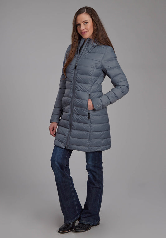 Womens Silver Blue Down Proof Long Coat Zipper Jacket