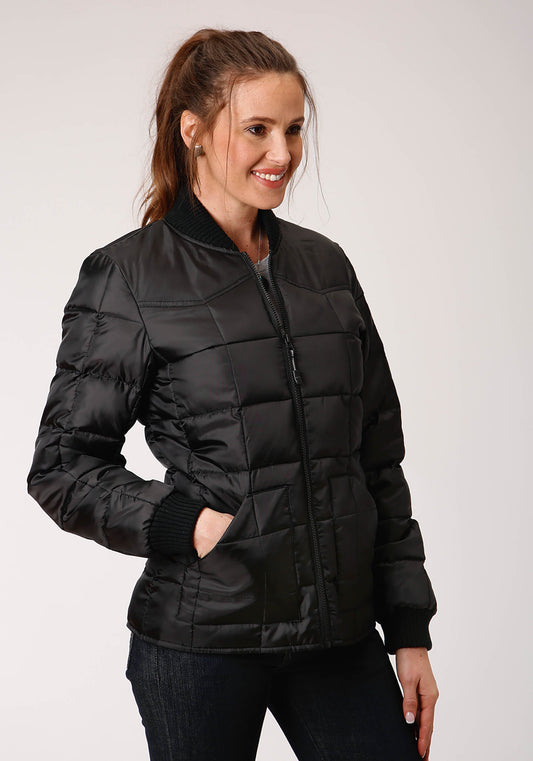 Womens Black Quilted Poly Filled Zip Front Jacket
