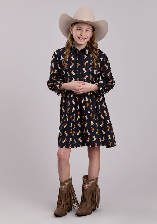 Girls Short Sleeve Dress Button Boot Printed Rayon Babydoll Western Dress