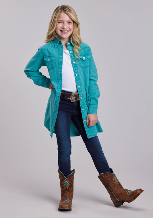 Girls Roper Solid Turquoise Cotton Twill Western Dress