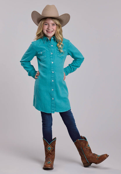 Girls Roper Solid Turquoise Cotton Twill Western Dress