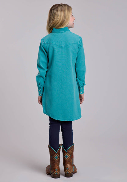 Girls Roper Solid Turquoise Cotton Twill Western Dress