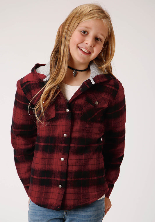 Girls Long Sleeve Snap Cranberry Plaid Western Shirt Jacket