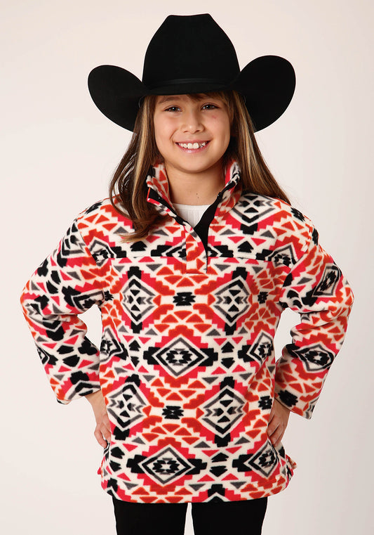 Girls Womens  Grey Orange Pink Aztec Print Polar Fleece Pullover