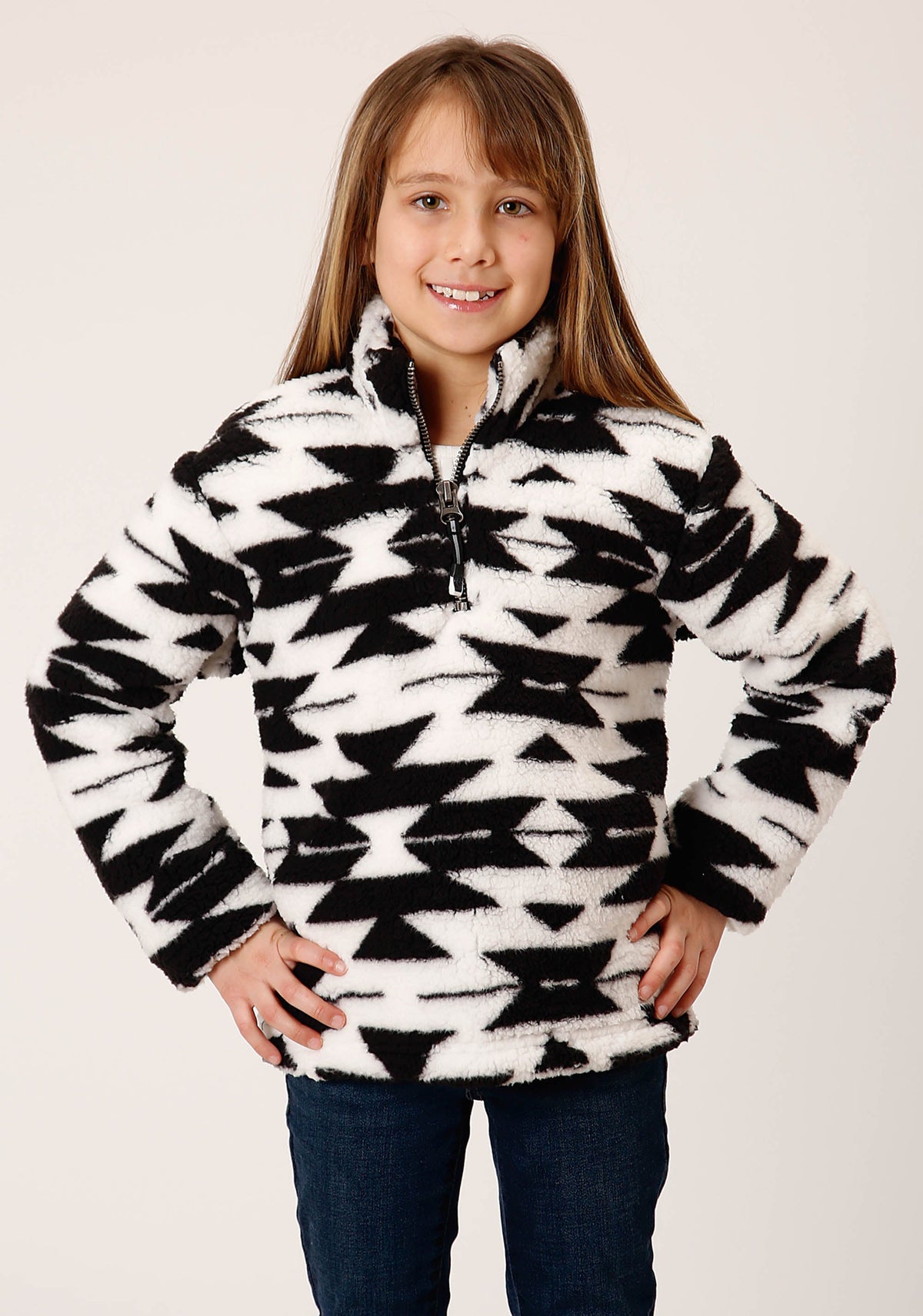 Girls Womens  Black White Aztec Polar Fleece Pullover