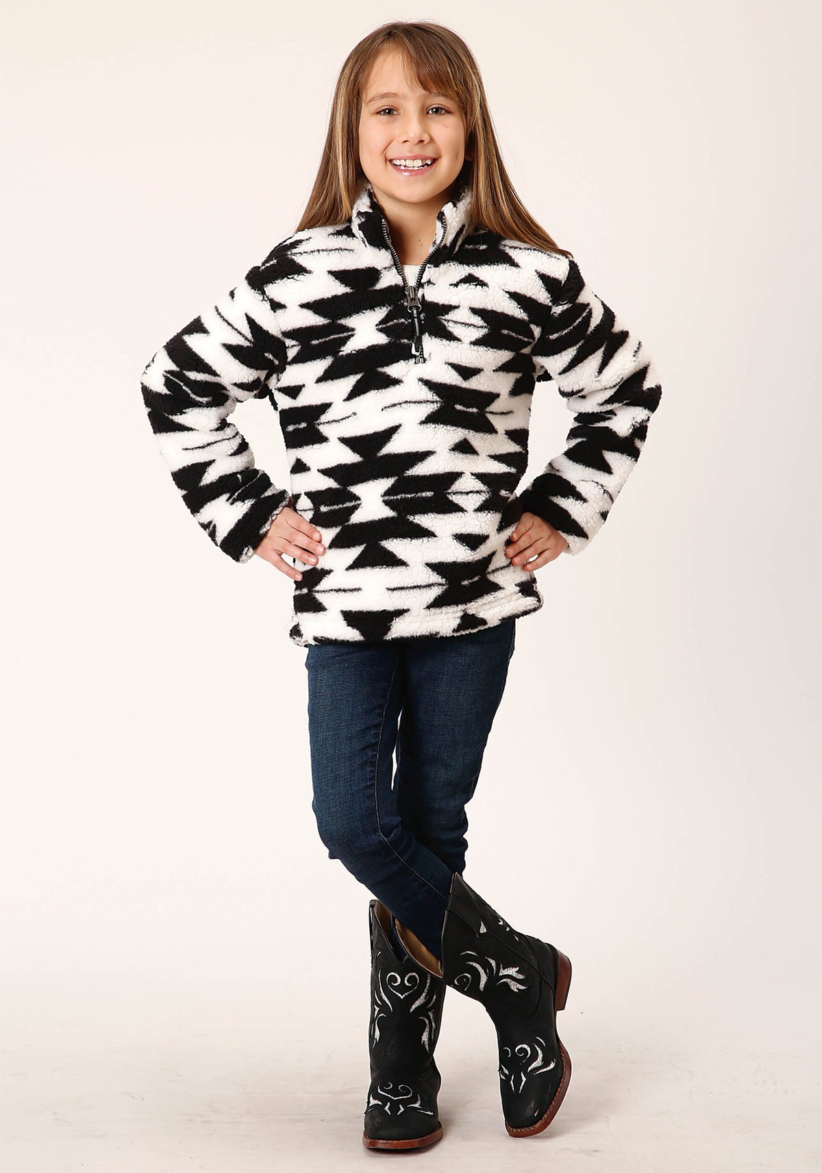 Girls Womens  Black White Aztec Polar Fleece Pullover