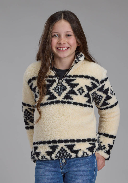 Girls Black Cream Aztec Stripe Snap Jacket