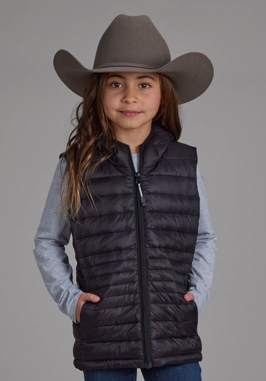 Girls Black Nylon Hooded Zipper Vest