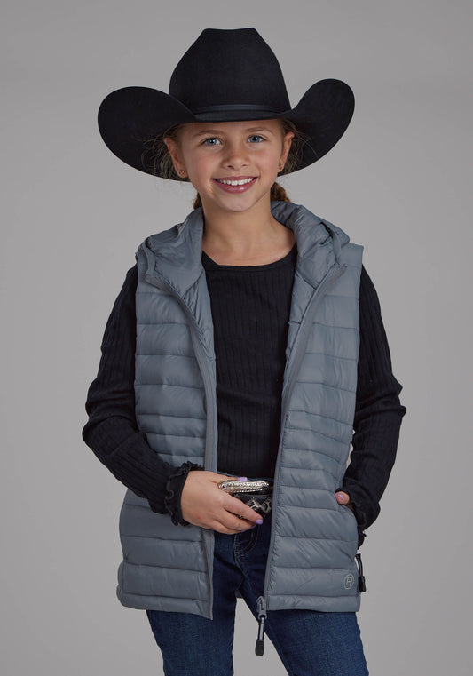 Girls Silver Blue Hooded Zipper Vest