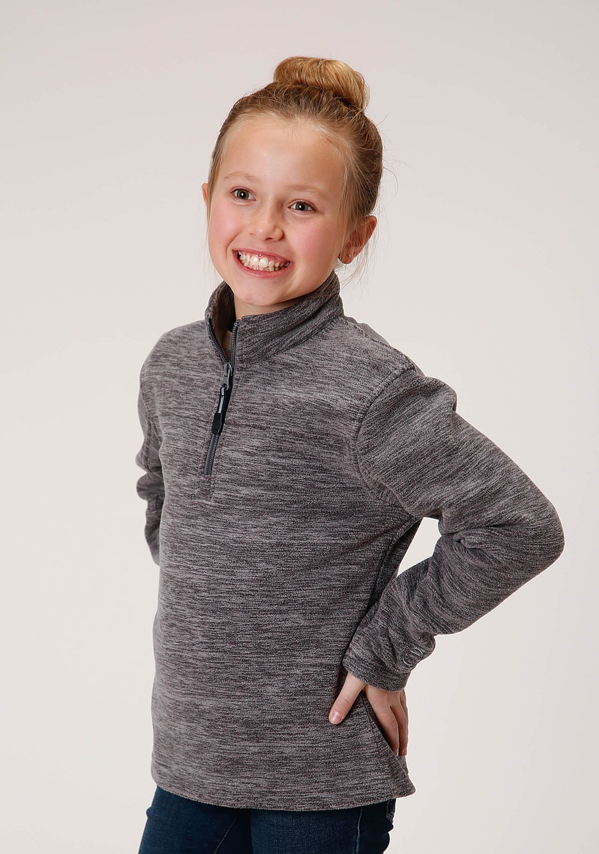 Girls  Melange Grey Micro Polar Fleece Pullover