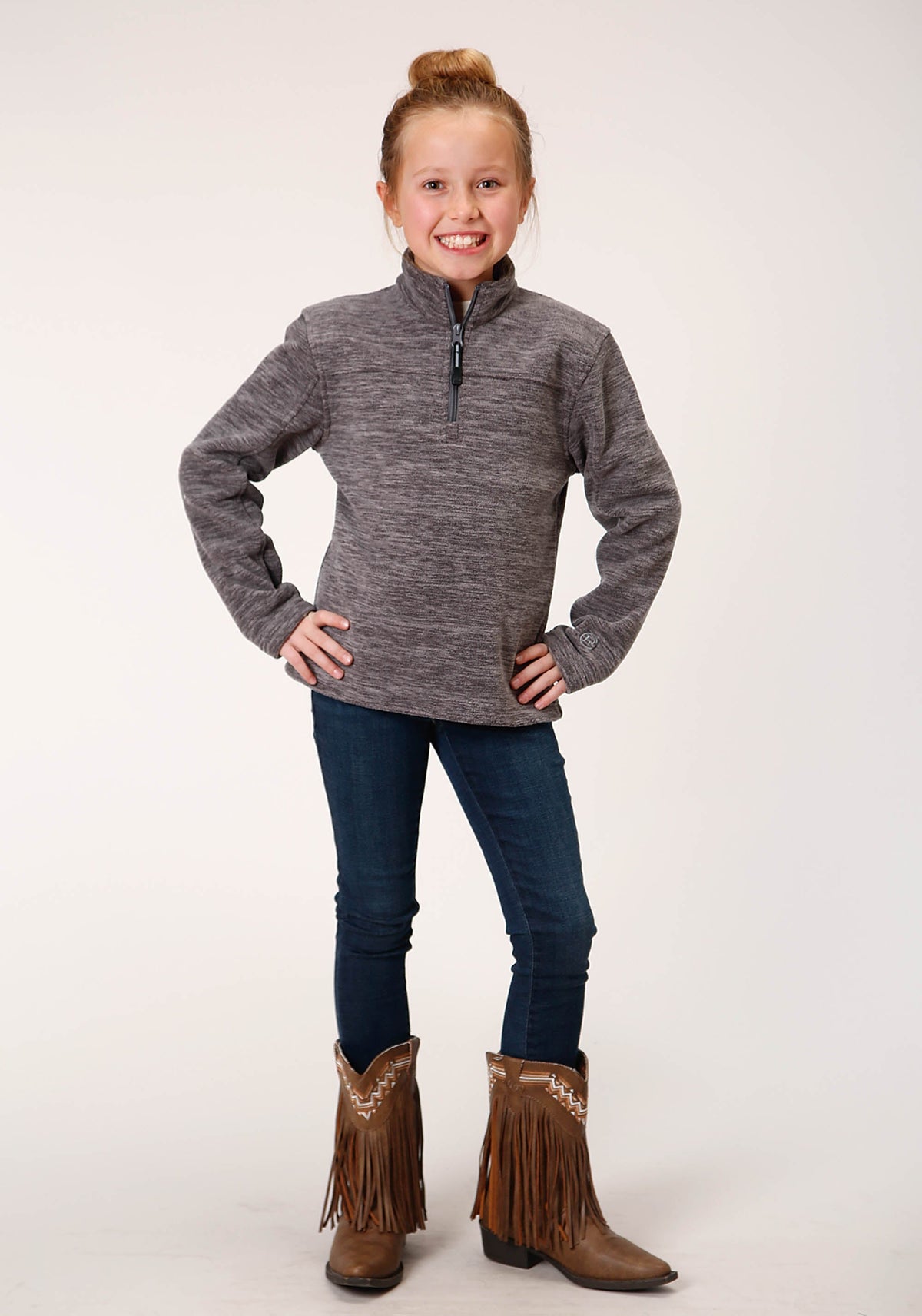 Girls  Melange Grey Micro Polar Fleece Pullover
