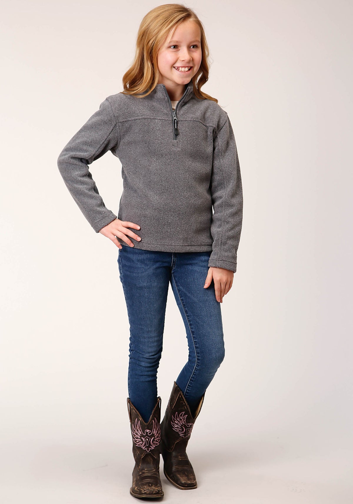 Girls  Heathered Charcoal Micro Polar Fleece Pullover