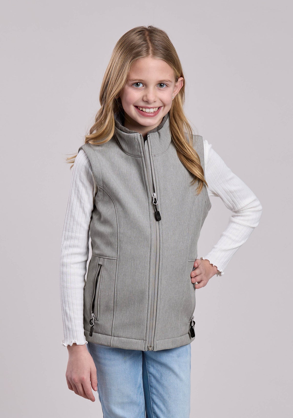 Girls Vest Zipper Cream Grey Stripe Western Vest