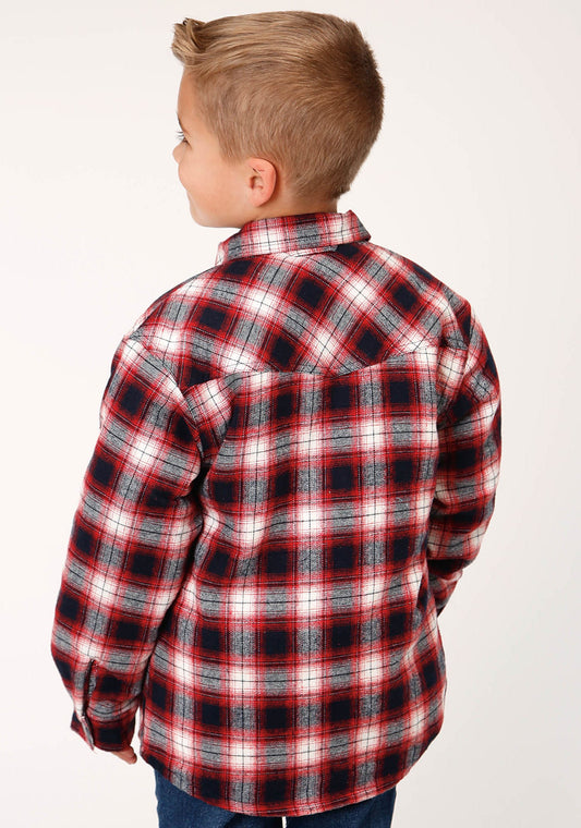 Boys Long Sleeve Snap Cranberry Plaid Western Shirt Jacket