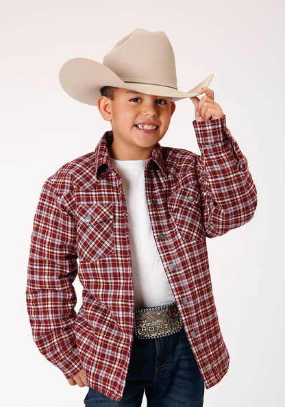 Boys Long Sleeve Snap Cranberry Plaid Western Shirt Jacket