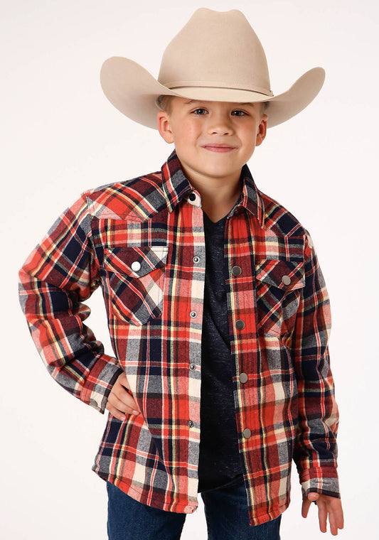 Boys Long Sleeve Snap Cranberry Plaid Western Shirt Jacket