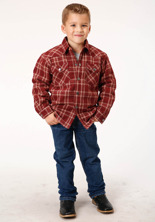 Boys Long Sleeve Snap Cranberry Plaid Western Shirt Jacket