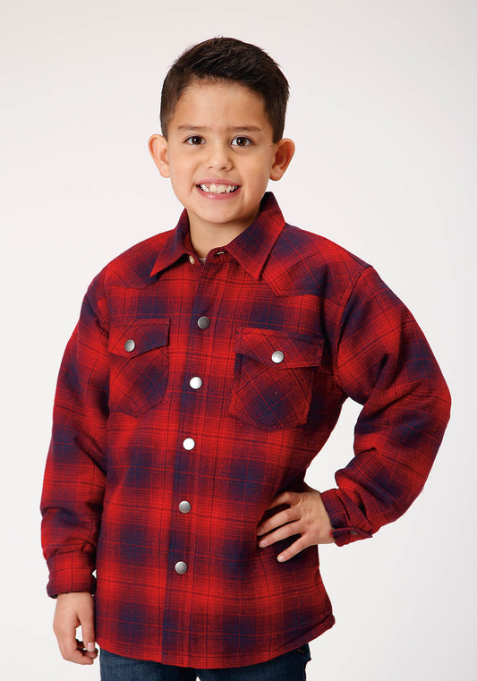 Boys Long Sleeve Snap Cranberry Plaid Western Shirt Jacket