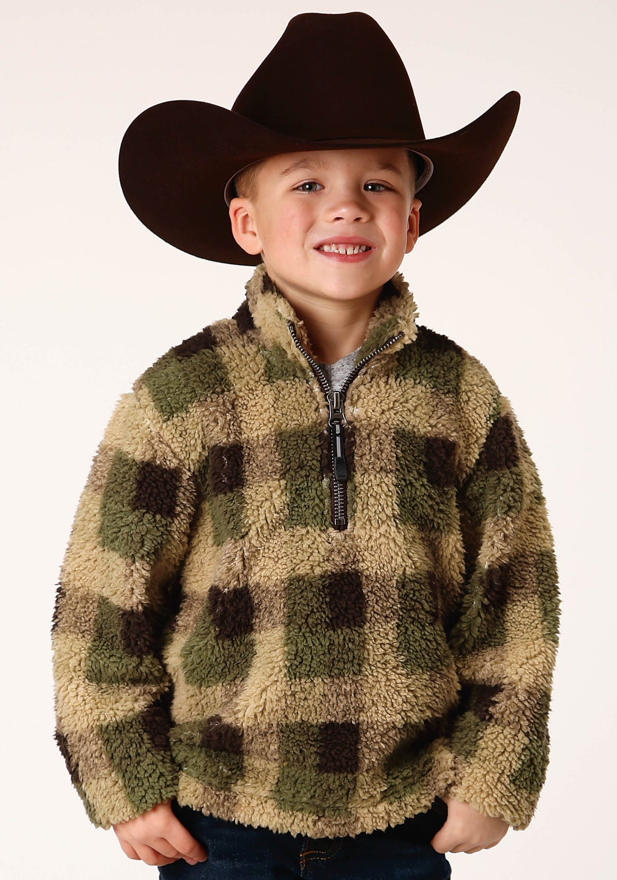 Boys Polar Fleece  Green Brown Check Print Pullover