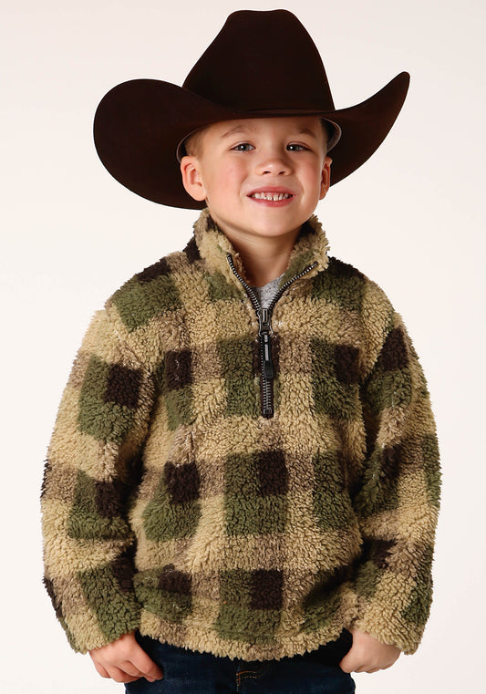 Boys Polar Fleece  Green Brown Check Print Pullover