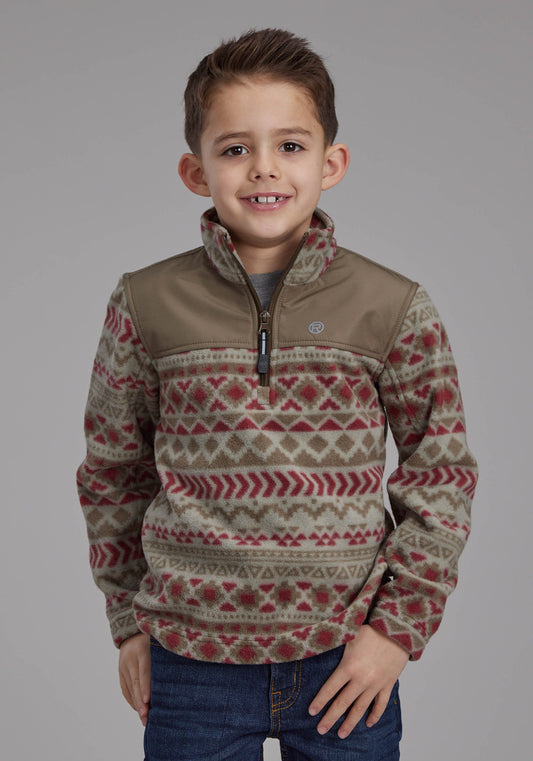 Boys Red Olive Aztec Print Micro Fleece Zipper Jacket