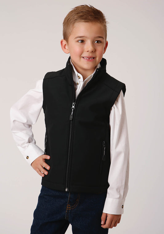 Boys Black Softshell With Black Fleece Lining Zip Front Vest