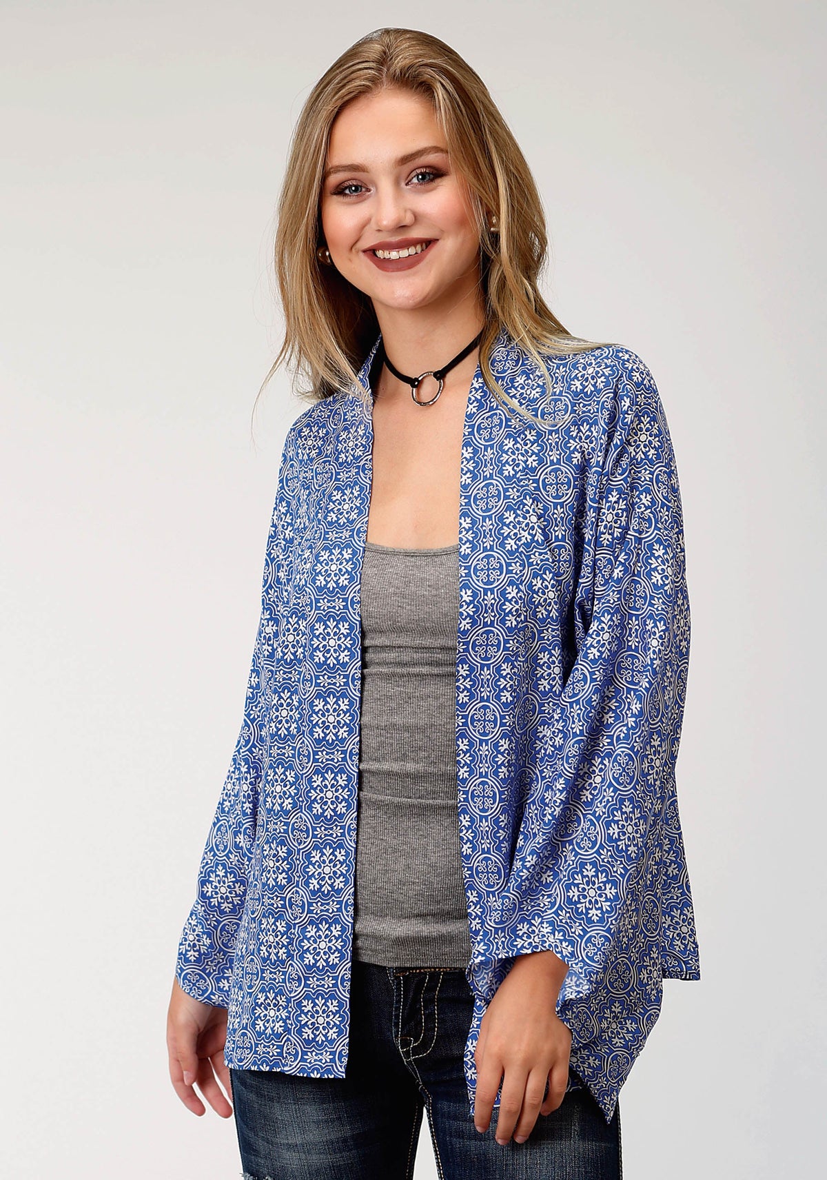 Womens Blue Handkerchief Printed Long Sleeve Cardigan