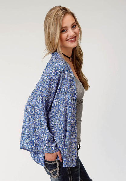 Womens Blue Handkerchief Printed Long Sleeve Cardigan