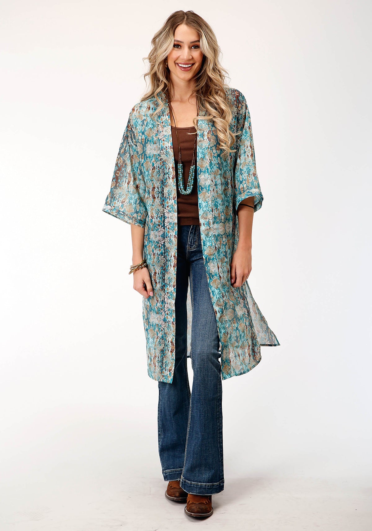 Womens  Poly Teal Snake Print Kimono Cardigan