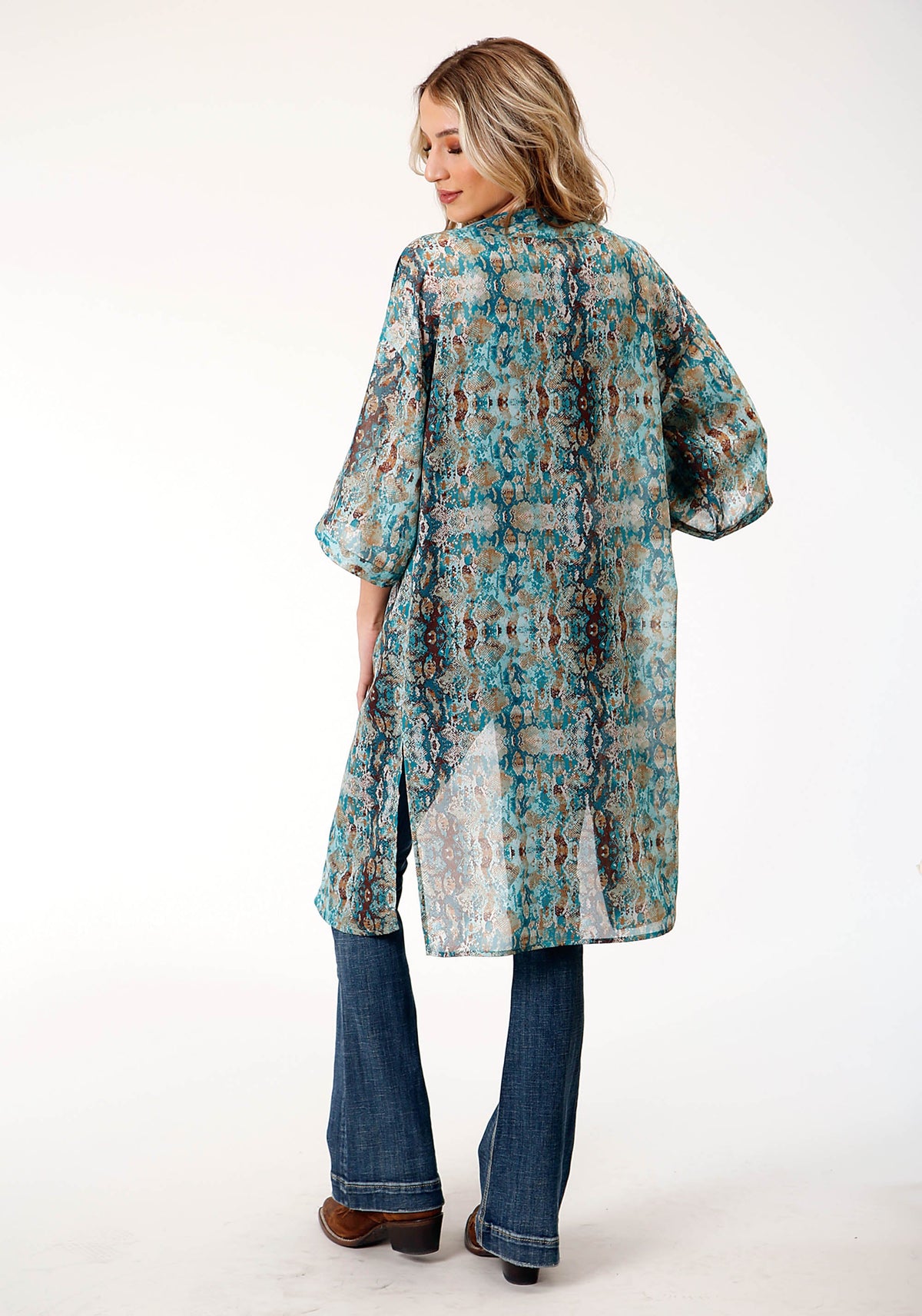 Womens  Poly Teal Snake Print Kimono Cardigan