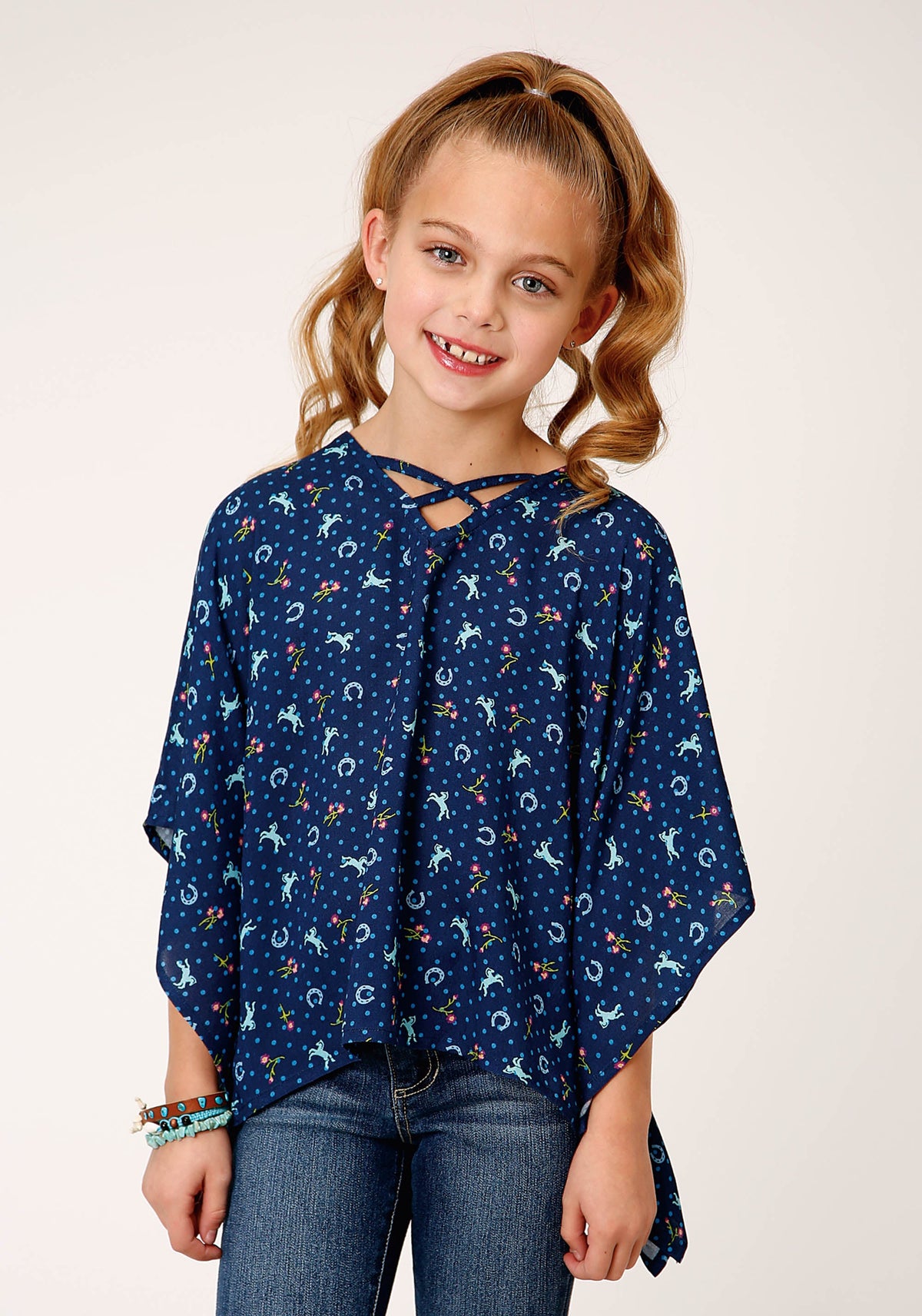Girls Horse Printed Poncho